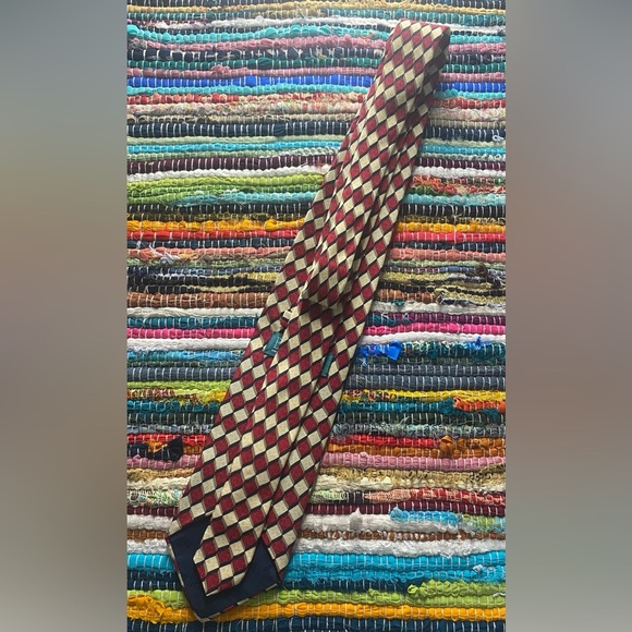 Bolgheri 100% Silk Tie, Burgundy/Tan/Gold/Black Geometric Print, Made In Italy - Picture 6 of 8